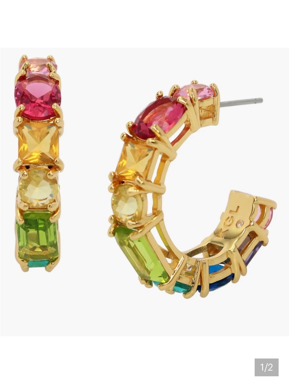 Kurt Geiger Gold Hoop Earrings with Blue, Green and Purple Stones